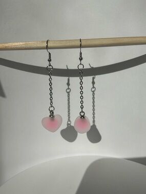 Pink Heart Dangle Earrings with Silver Chain